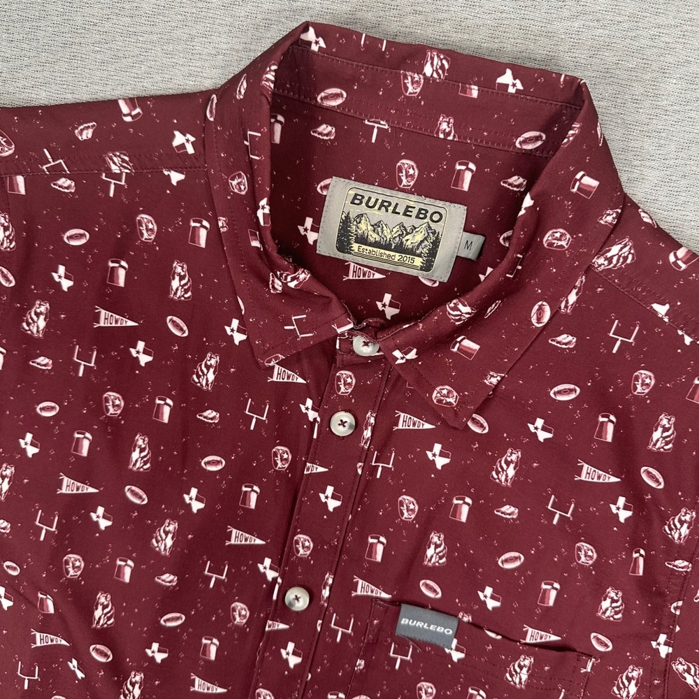 Burlebo Shirt Mens M Maroon Texas Football Performance Short Sleeve Button Down
